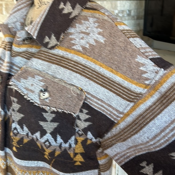 new in raw hem aztec brown tan mustard long sleeve button jacket shacket shirt - Picture 6 of 16